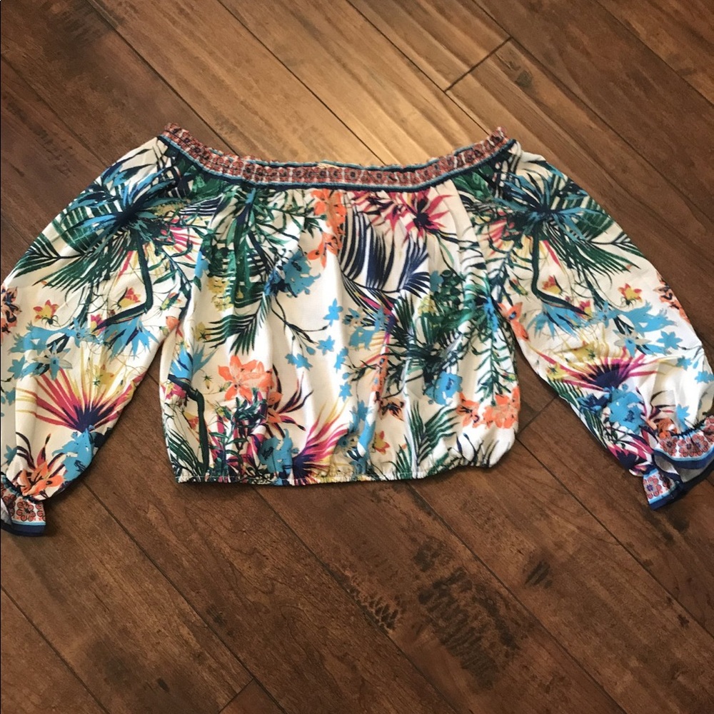 Off shoulder long sleeve cropped top.